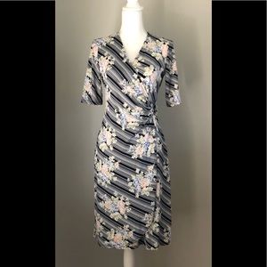 Blue Black Wrap Stretch Career Cocktail Dress